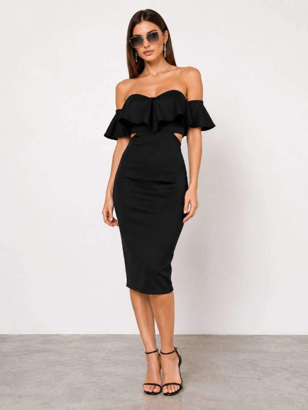 Black Cutout Side Midi Dress Off Shoulder Ruffle Scuba NWT